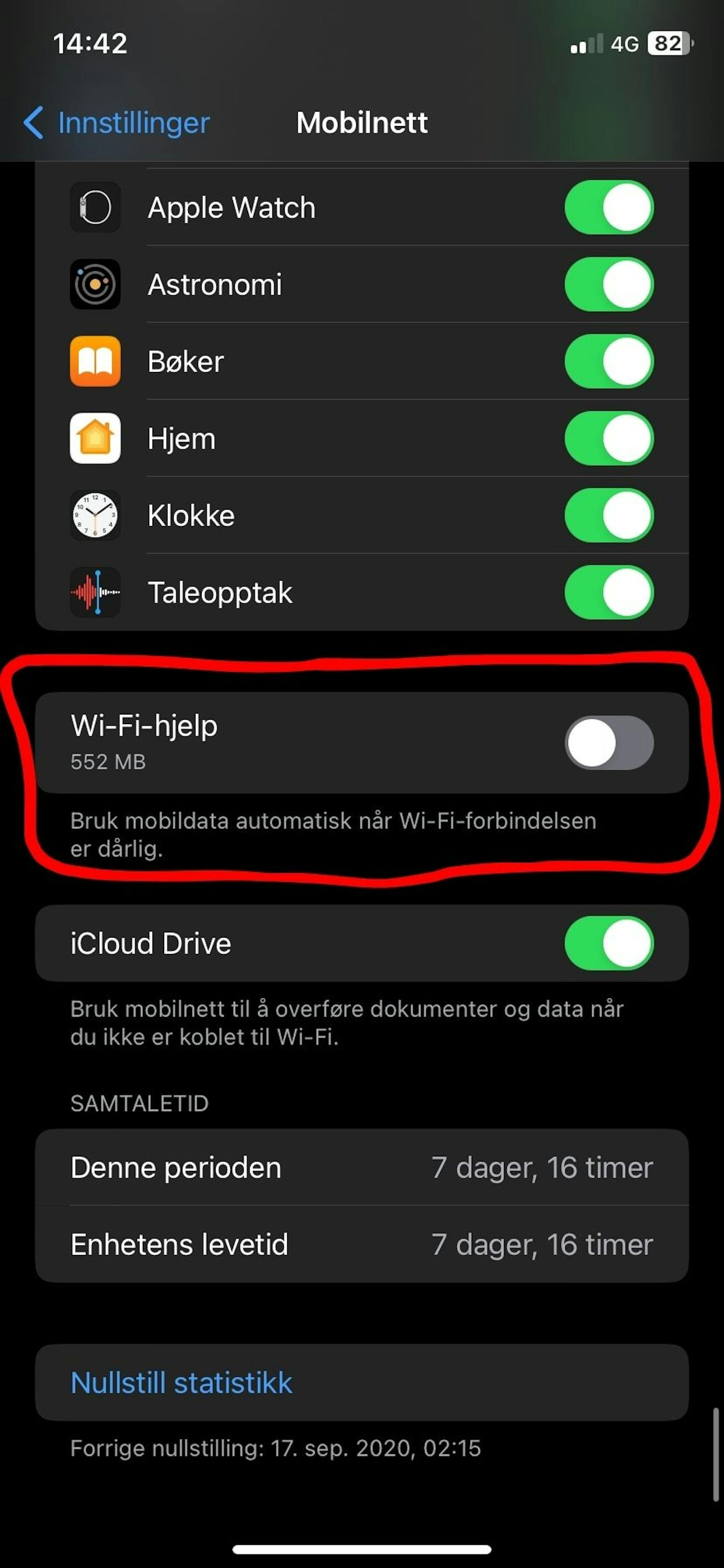 Bla helt ned: "Wi-Fi-hjelp" er det norske uttrykket for "Wi-Fi Assist".